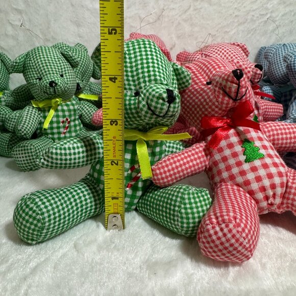 Set Of 24 Vintage Gingham Christmas Teddy Bear Ornaments Ribbon Bow & Embroidery - Picture 9 of 9